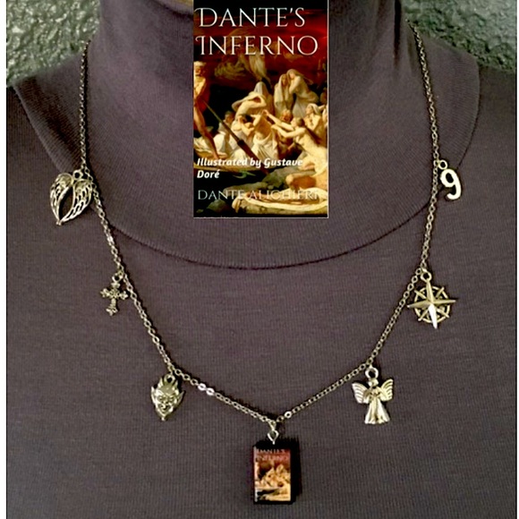 Hand Crafted Jewelry - Dante's Inferno Handmade Literature Necklace, Book Cover, Devil, Angel, Cross, 9
